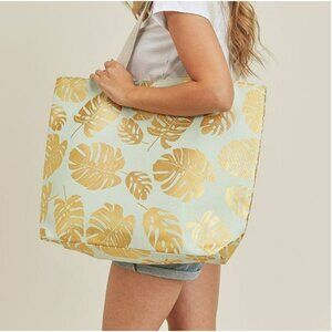 Tropical Metallic Gold Palm Leaf Foil Leaf  Purse Beach Tote‎ Travel Bag